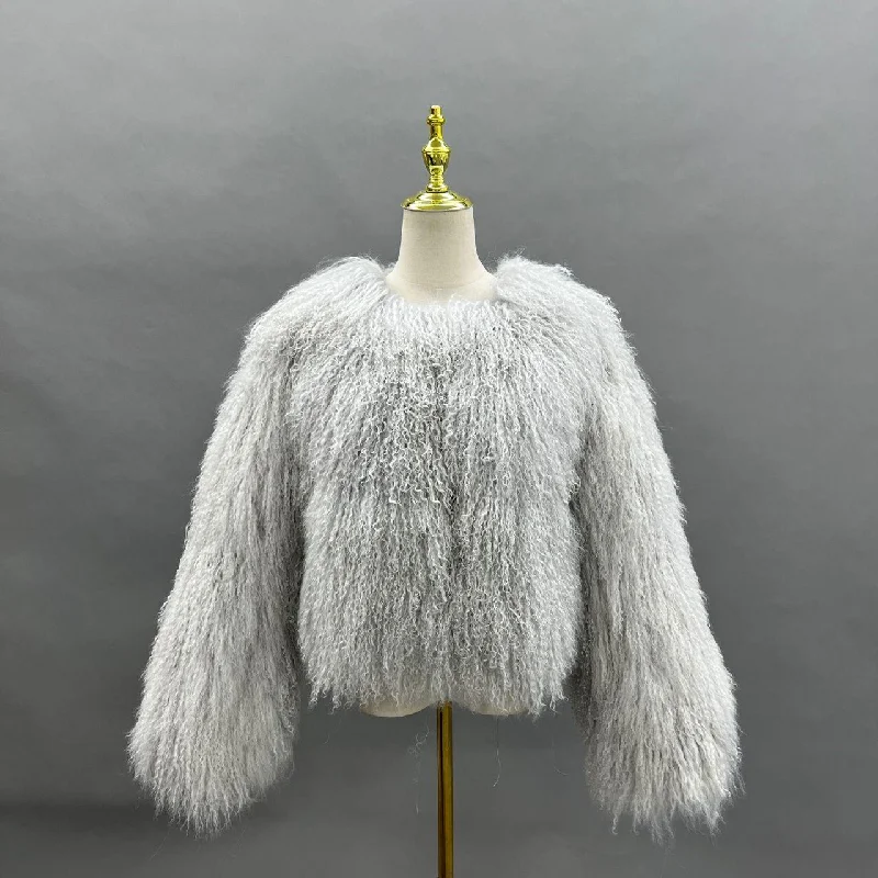 Grey Luxury Mongolian Lamb Fur Coat